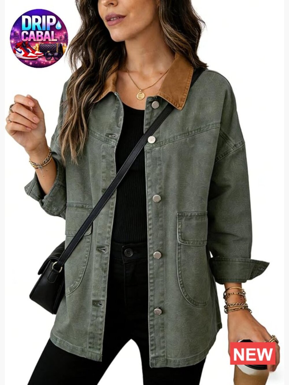 Oversized Contrast Collar Denim Barn Jacket Button Down Big Pockets